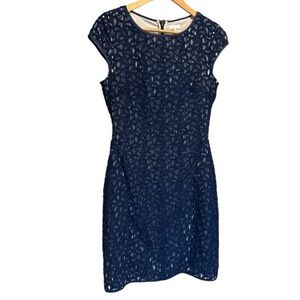 Reiss dress navy Blue Textured lined open knit size 6 cap sleeve